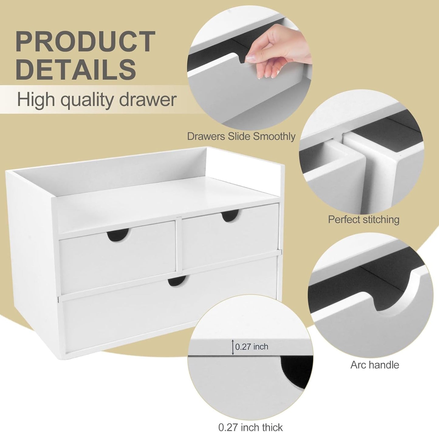 Charmewooden Bamboo Desk Organizer 3 Drawer with Shelf, Countertop Organizer with Drawers Makeup Storage Drawer 3 Drawers Tabletop Storage Organization Box Home Office Workspace（White）