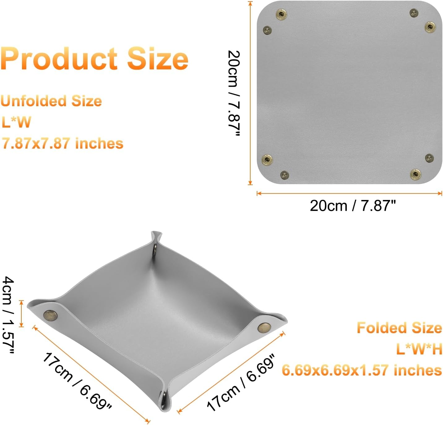 HARFINGTON PU Leather Valet Tray Unisex Folding Small Catchall Tray Portable Entryway Table Tray Nightstand Bedside Desk Tray for Key Wallet Watch Coin Jewelry Dice, Gray