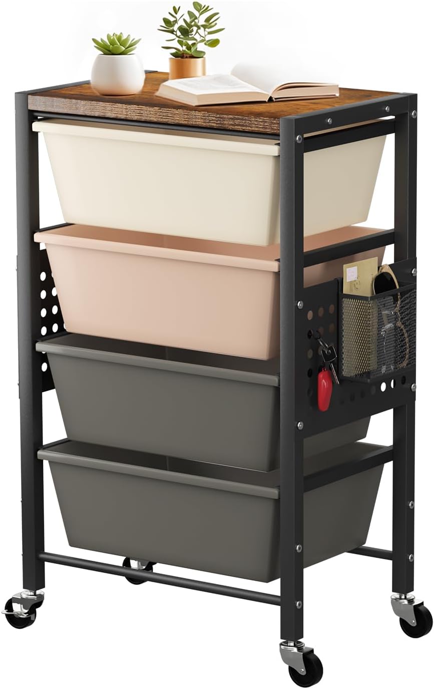 Rolling Cart with 3 Drawers, Plastic Drawer Storage Carts with Lockable Wheels & Wooden Tabletop, Metal Utility Cart Organizer, Office Bedroom Classroom Craft Organization and Storage, Bright White