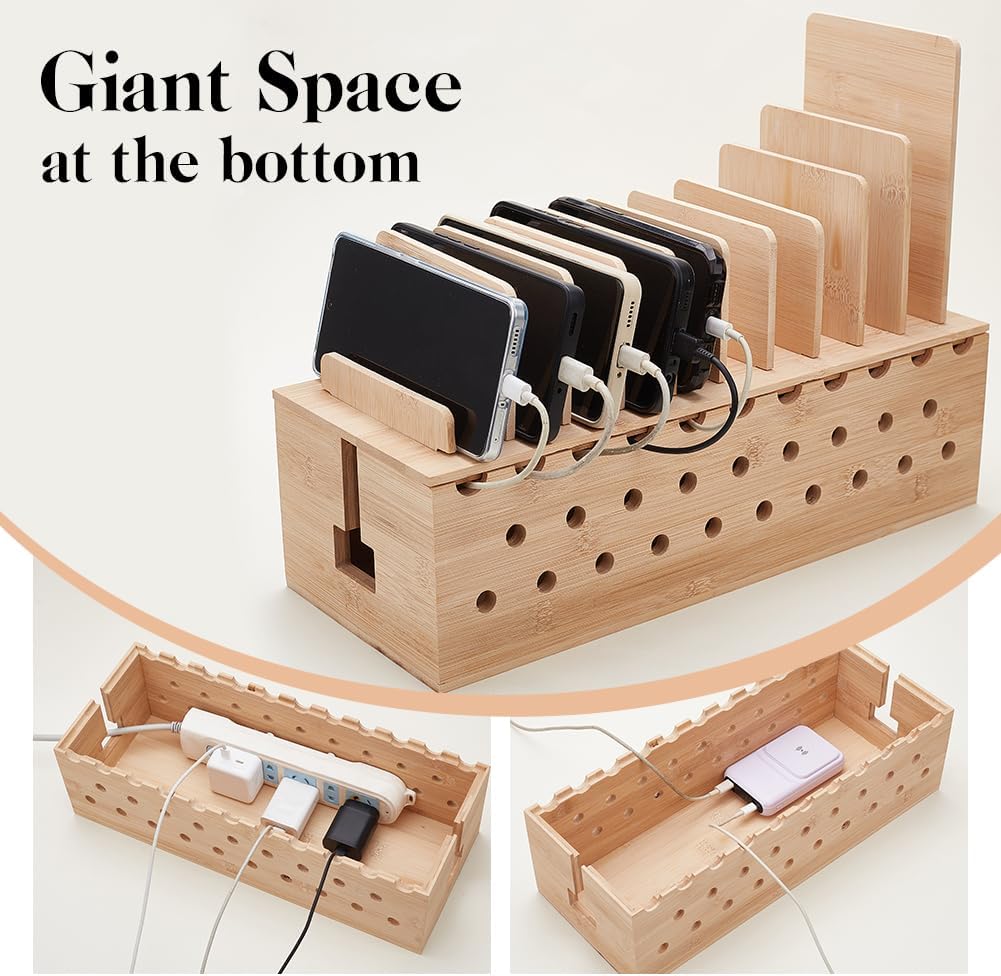 OLYCRAFT Charging Station Rack Cable Box Organizer with Multiple Charging Station Rack Cord Management Box Desk Charger Organizer Wood Charging Display Holder for 10 Mobile Phones Tablets Laptop