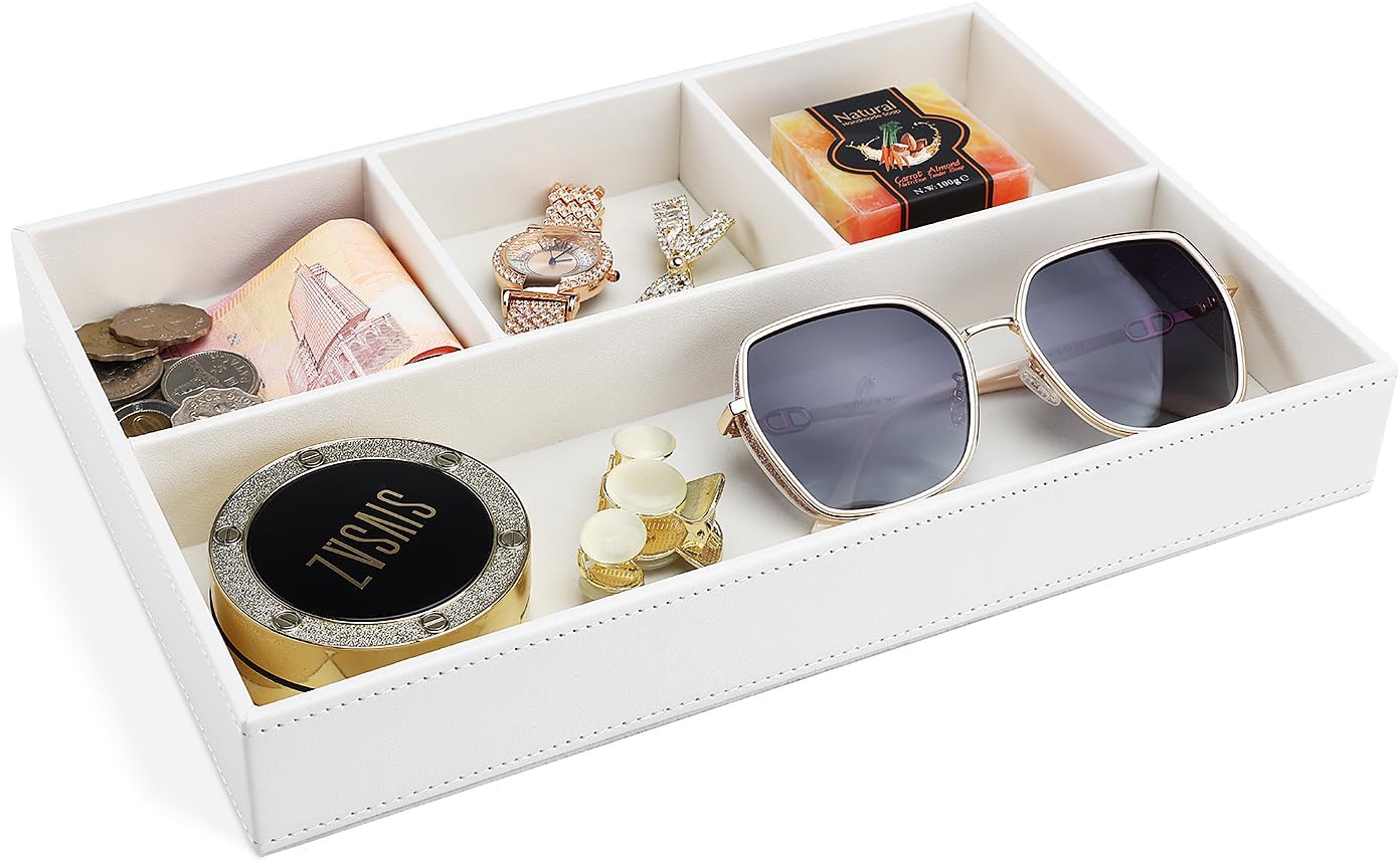 GORESE 2 Pieces Faux Leather Valet Tray for Men, Stackable Jewelry Organizer for Drawers, Nightstand Caddy Tray for Key, Wallet, Sunglass, Watch, Coin, Phone, Bedside Desk-top Storage Black