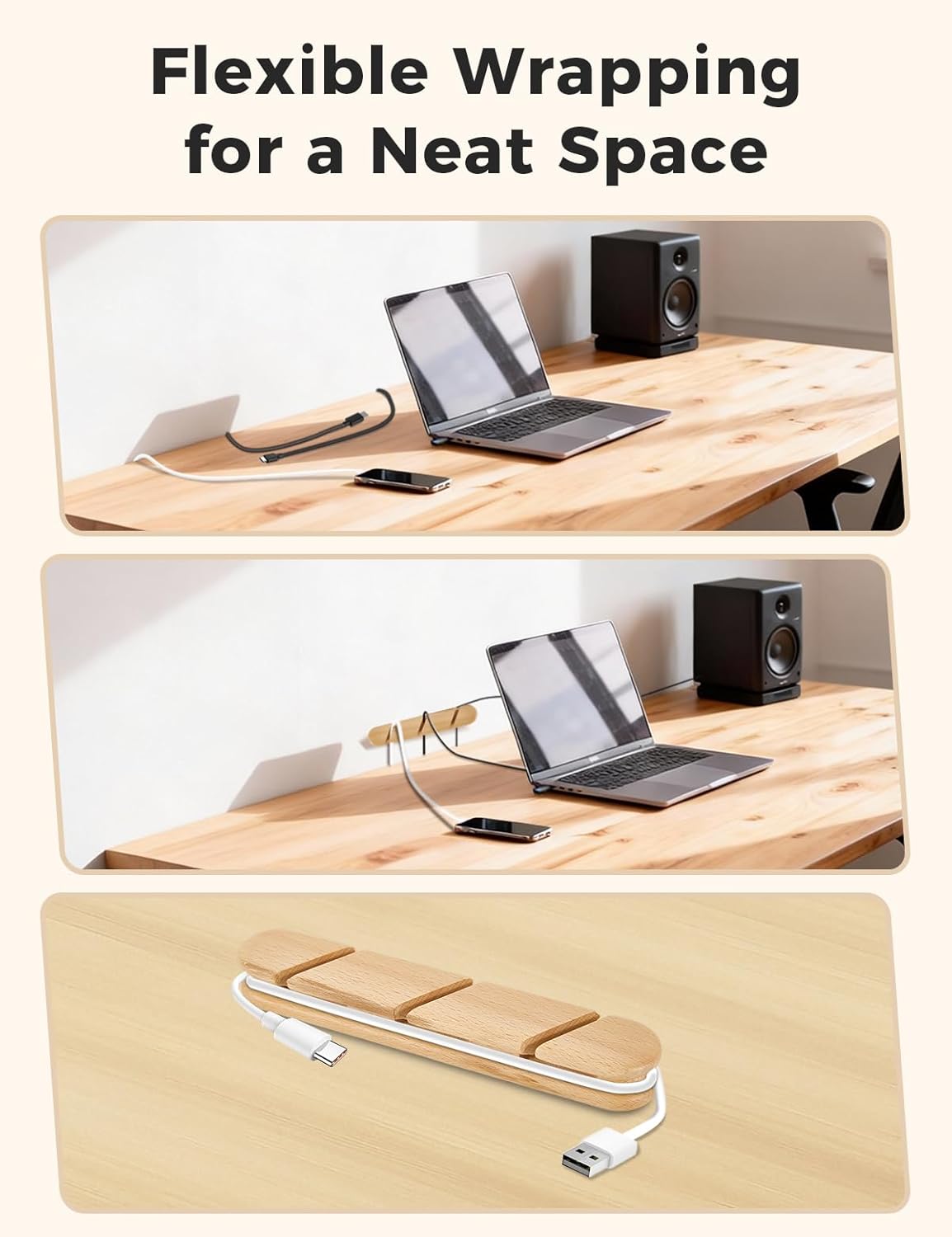 Solid Walnut Cable Holder & Cord Organizer, Adhesive Cable Clips for Desk, Under Desk, Wall, Bedside & Car, Wood Cable Management for Home Office, Phone Charging & USB Cables