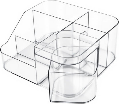 BQAN Transparent Acrylic Nail Desk Organizer with Spinning Drawer, Drill & Brush Holder, Desktop Manicure Tool Storage for Nail Techs, Makeup, Skin Care (Black) - Professional Salon or Home Use