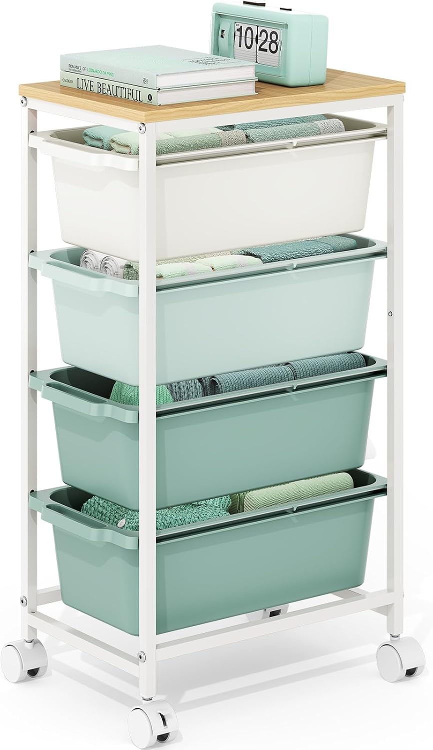 Rolling Storage Cart with 3 Drawers, Craft Organizer, Wooden Tabletop Utility Cart for Bedroom, Children's Room and Office Organization, Under Desk Trolley with Lockable Wheels,White