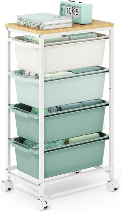 Rolling Storage Cart with 3 Drawers, Craft Organizer, Wooden Tabletop Utility Cart for Bedroom, Children's Room and Office Organization, Under Desk Trolley with Lockable Wheels,White