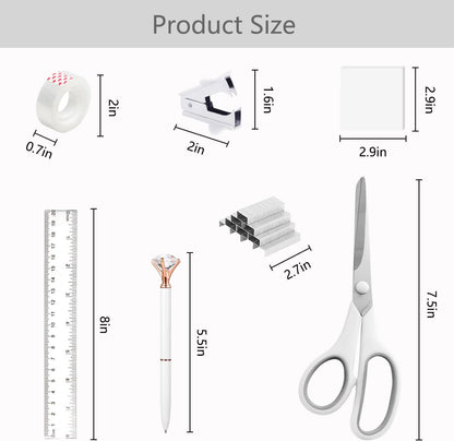 suniya Office Supplies,Gold Desk Accessories,with Stapler,Tape Dispenser,Pen Holder,Scissors,Phone Stand,Staple Remover,Ballpoint Pen,Clear Tape, Staples,Ruler,Clips,Best Gift for Business or Boss
