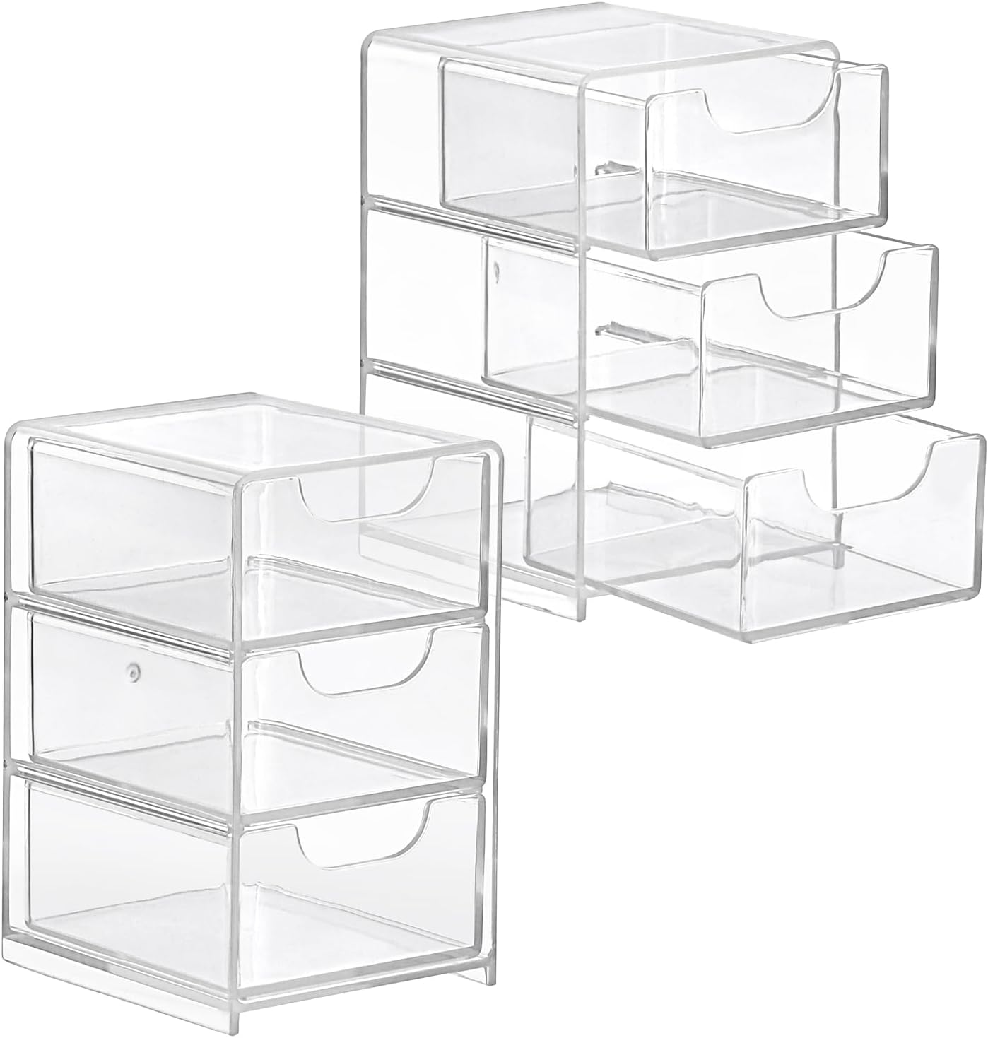 Hipiwe 2 Packs Acrylic Desk Organizer with 3 Drawers Small Display Organizer for Makeup Cotton Swabs Jewelry Clear Qtip Storage Box for Living Room Bathroom Office