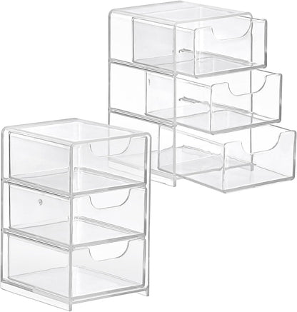 Hipiwe 2 Packs Acrylic Desk Organizer with 3 Drawers Small Display Organizer for Makeup Cotton Swabs Jewelry Clear Qtip Storage Box for Living Room Bathroom Office