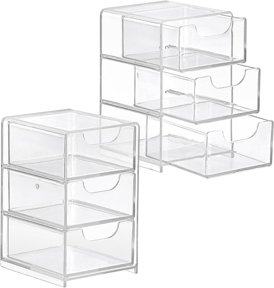 Hipiwe 2 Packs Acrylic Desk Organizer with 3 Drawers Small Display Organizer for Makeup Cotton Swabs Jewelry Clear Qtip Storage Box for Living Room Bathroom Office