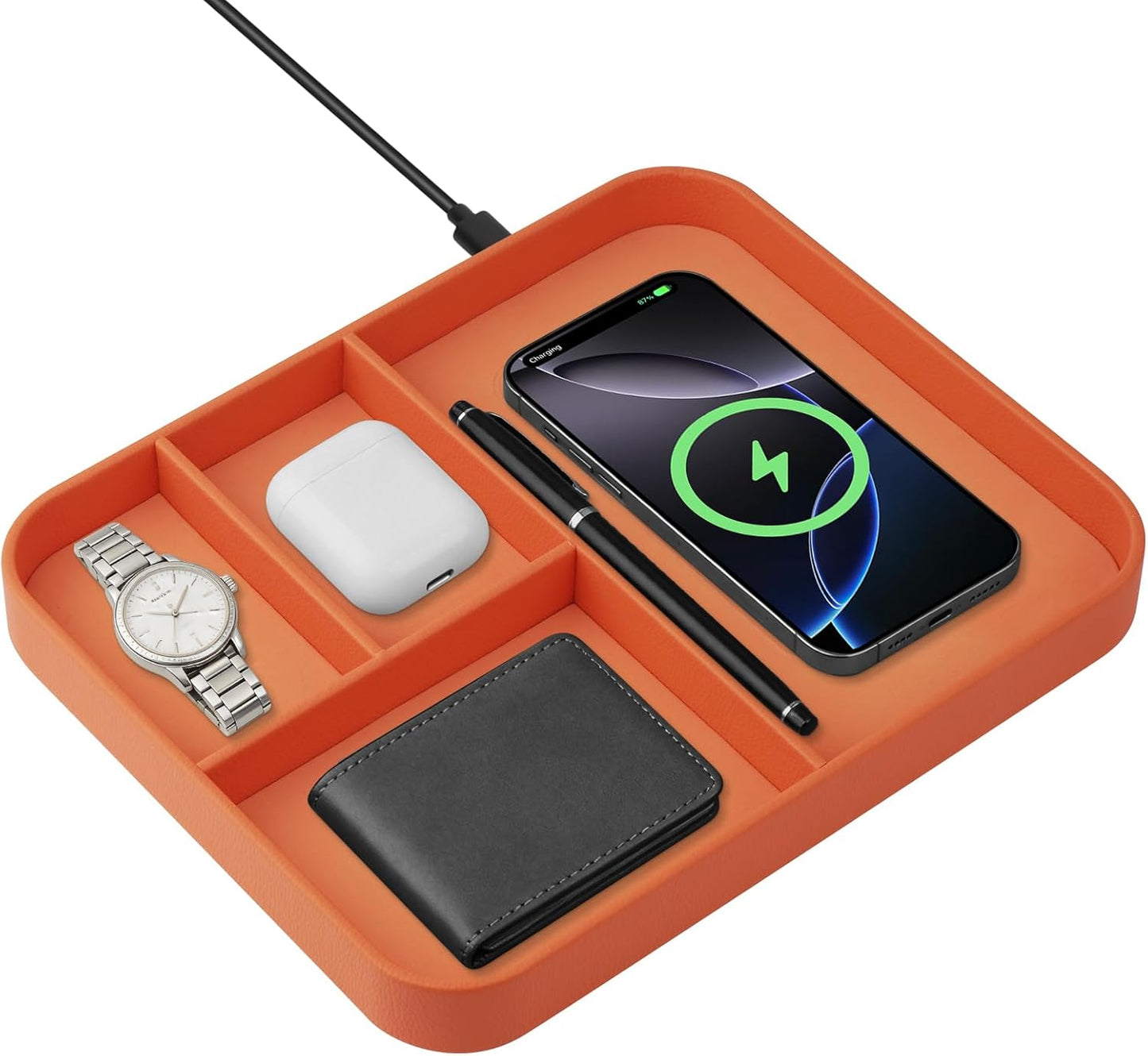 VOVIPO Birthday Gifts Bedside Organiser-Faux Leather Valet Tray With Wireless Charger For Phone And Earbuds,Nightstand Organizer,Mens Jewelry Box,Office Desk Organizers