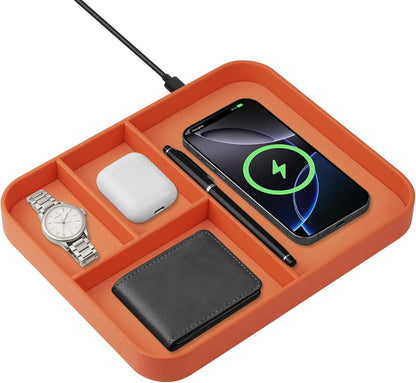VOVIPO Birthday Gifts Bedside Organiser-Faux Leather Valet Tray With Wireless Charger For Phone And Earbuds,Nightstand Organizer,Mens Jewelry Box,Office Desk Organizers