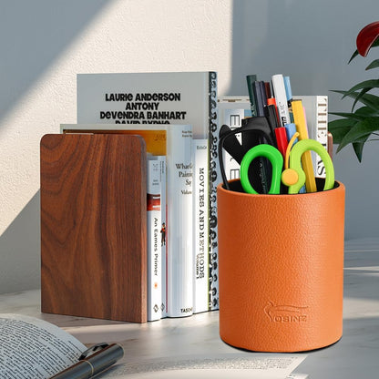 Leather Pen Holder, Brown Pencil Holder, Desktop Elegant Pen Holder for Desk, Stationery Organizer for School Office Home Dorm (3.3" x 3.3" x 4", Brown)