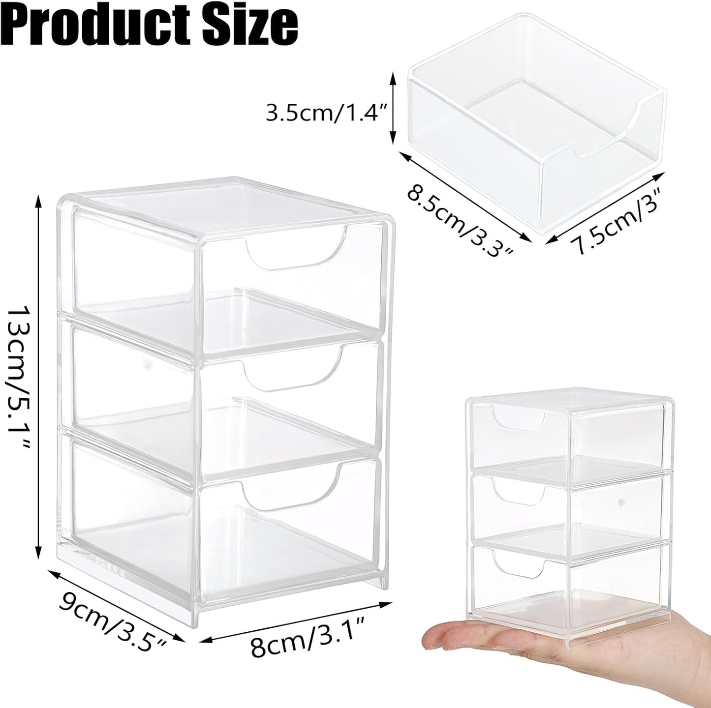 Hipiwe 2 Packs Acrylic Desk Organizer with 3 Drawers Small Display Organizer for Makeup Cotton Swabs Jewelry Clear Qtip Storage Box for Living Room Bathroom Office