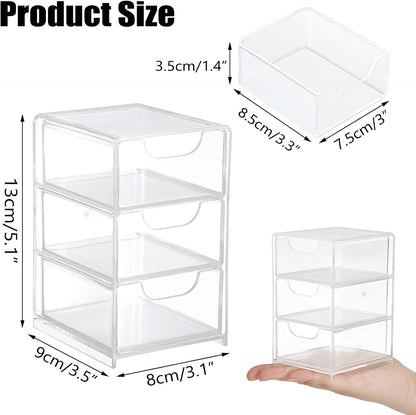 Hipiwe 2 Packs Acrylic Desk Organizer with 3 Drawers Small Display Organizer for Makeup Cotton Swabs Jewelry Clear Qtip Storage Box for Living Room Bathroom Office