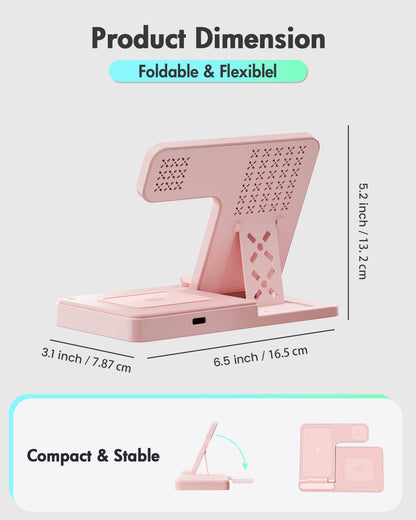 Wireless Charger Stand Charging Station: 3 in 1 Charger Stand Multiple Devices for Apple - iPhone 17 16e 16 15 14 Pro Max 13 12 - Watch 11 10 9 8 7 6 5 4 3 2 SE and Ultra Series-Airpods 4 3 Pro, Pink