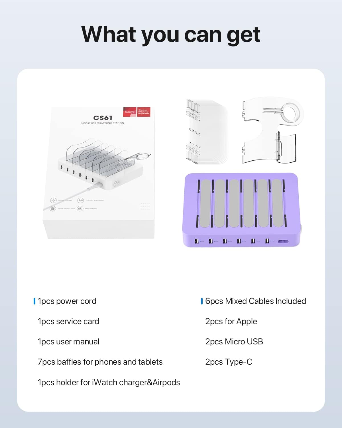SooPii Premium 6-Port USB Charging Station Organizer for Multiple Devices, 6 Short Charging Cables and One Upgraded i-Watch Charger Holder Included, for Phones, Tablets, and Other Electronics, White