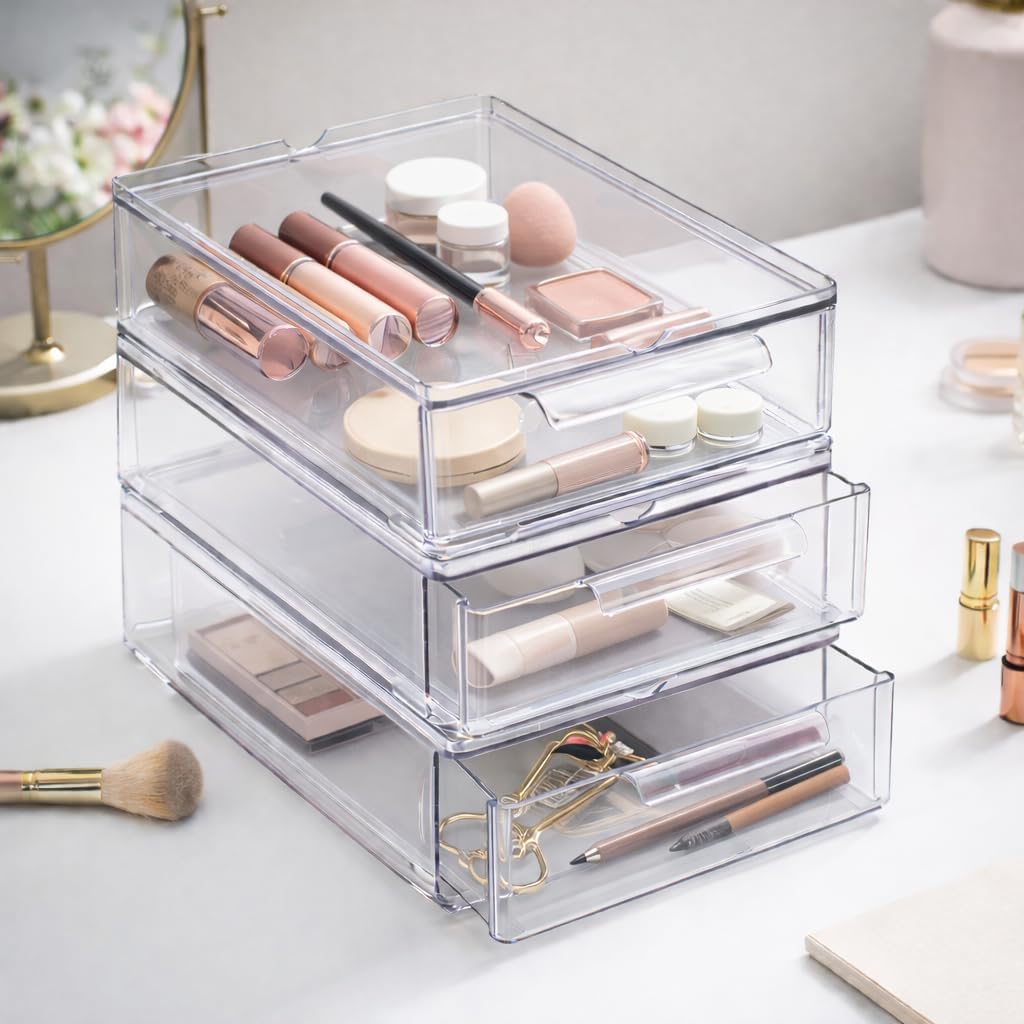 BINO | Clear Stackable Storage Drawers, Medium - 2 Pack | Clear Storage Drawers with Built-In Handles | Durable Plastic Organizer Drawer | Modular Stackable Drawer Acrylic Organizer