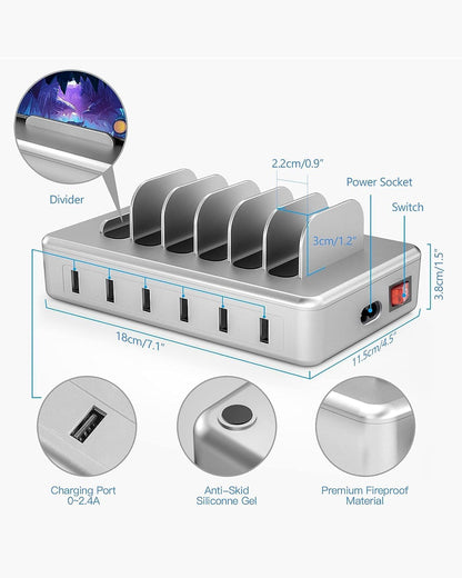 Charging Station for Multiple Devices - 6 Port Multi USB-A Charger Stations Multi-Device Organizer Charging Dock for iPhone iPad Android Cell Phone Tablets with 6 Mixed Cables Included(UL Certified)