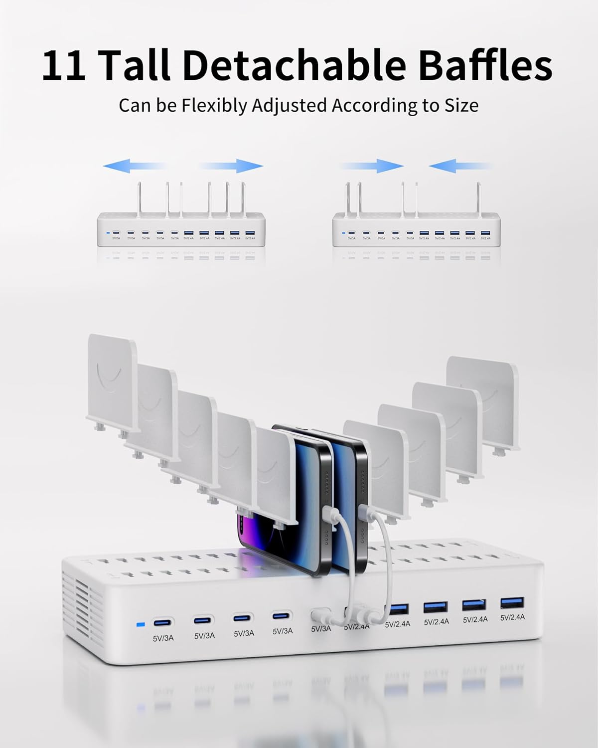 100W Charging Station for Multiple Devices, 10-Port USB Fast Charging Station with Adjustable Dividers & 10 Cables- Multi Device Organizer Charging Dock for iPhone, iPad, Tablets & More(White)