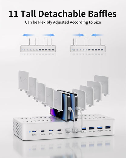 100W Charging Station for Multiple Devices, 10-Port USB Fast Charging Station with Adjustable Dividers & 10 Cables- Multi Device Organizer Charging Dock for iPhone, iPad, Tablets & More(White)