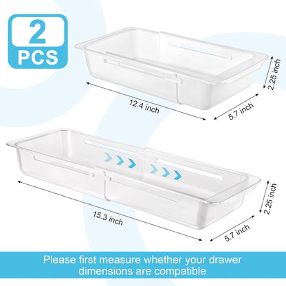 2 PCS Deep Drawer Organizer Bin Adjustable Sliding Drawer Organizers Clear Expandable Transparent Organizer Trays for Home Office Kitchen Makeup Storage Tools