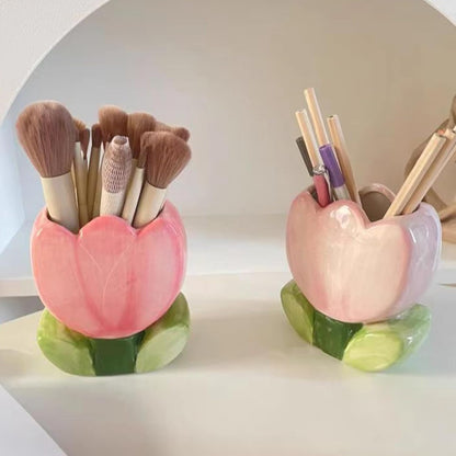 Pen Holder for Desk Cute Toothbrush Holder Tulips Vase Decor Aesthetic Pencil Holder for Office Makeup Brush Holder Yellow Kawaii Desk Accessories Home Decor Birthday Gifts for Women