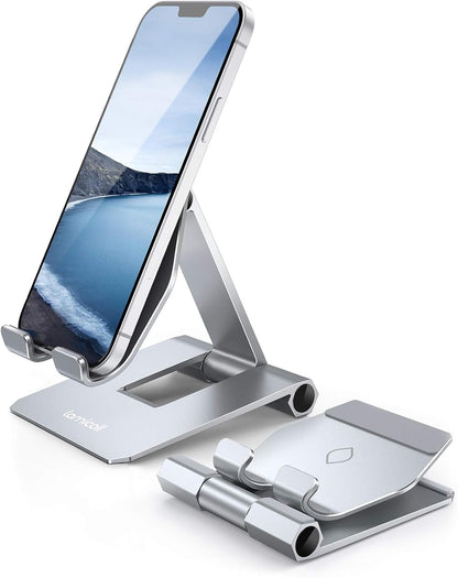 Lamicall Aluminum Metal Adjustable Cell Phone Stand Desk - Heavy Duty Metal Foldable Desktop Phone Holder, Cradle, Dock, for iPhone 16 15 14, Plus, Pro, Pro Max, 13 12 X XS,4-11'' Phone Sliver