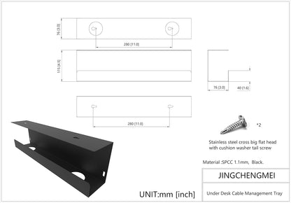 Jingchengmei Under Desk 17 inch Wide Cable Management Tray, Power Strip Holder, Metal Cord Organizer, Wire Management for Office and Home, Black (UDCMT17In, Black)