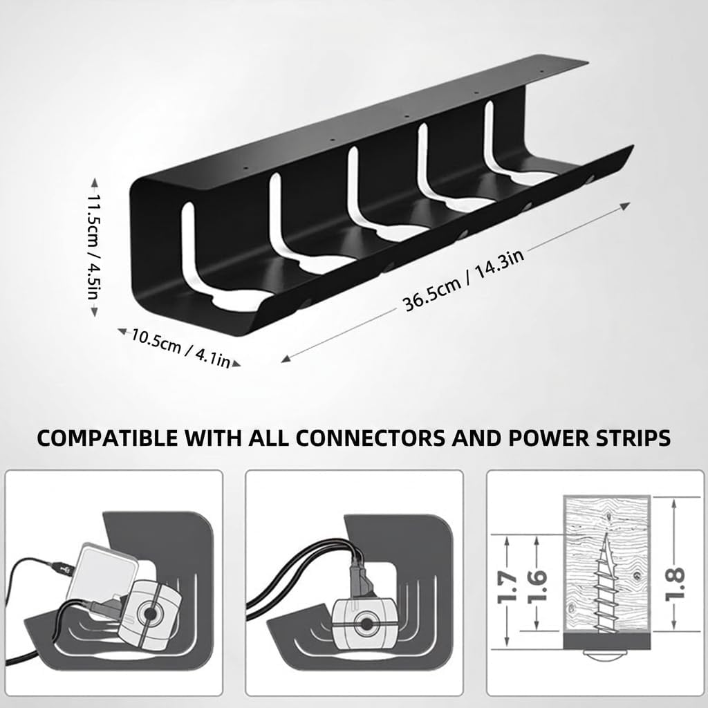 Cable Management Under Desk for Easy mounting Under-Table, Set of 2 - with 10X Cable Ties, Desk Organizer for Office/Home Office Table Thoughtful Cable Tray Holder