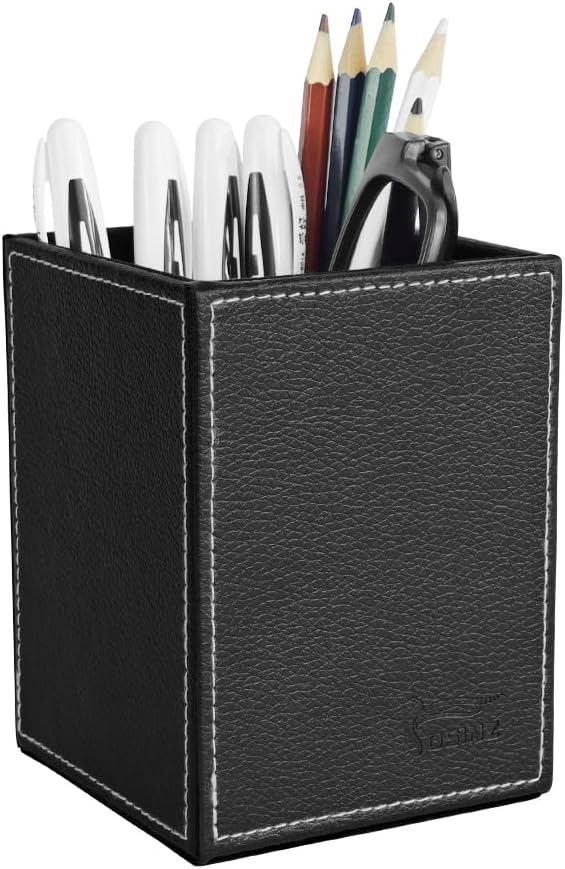 Leather Pen Holder, Brown Pencil Holder, Desktop Elegant Pen Holder for Desk, Stationery Organizer for School Office Home Dorm (3.3" x 3.3" x 4", Brown)