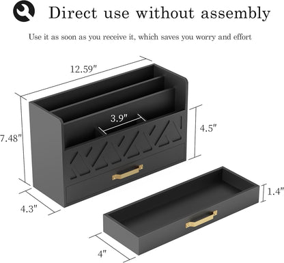 WISUCART Bamboo Desk Organizer Mail Holder Countertop Wood Desk Drawer Tabletop Storage Box Pen Holder Letter Sorter Makeup Organizer for School Home Office Supplies with Pen Holder White