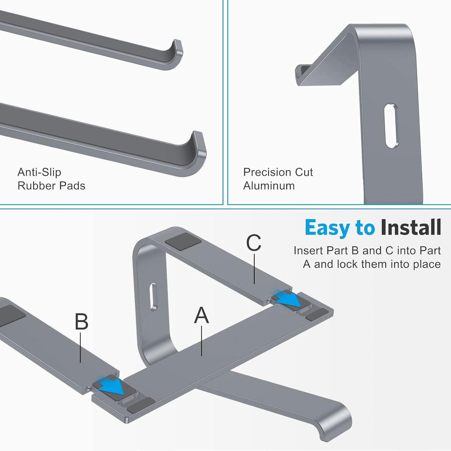 OMOTON Laptop Stand, Detachable Laptop Mount, Aluminum Laptop Holder Stand for Desk, Compatible with MacBook Air/Pro, Dell, HP All Laptops (11-16 inch), Silver