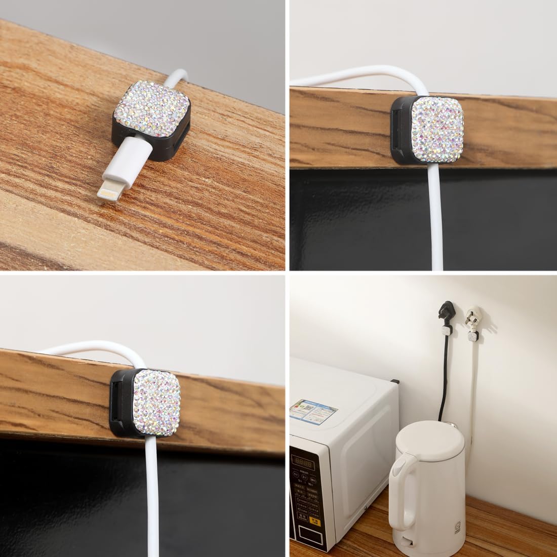 Sparkly Diamond Cord Organizer Holder, 6 Pack Magnetic Desk Cable Clips Management, Hide Phone Charging Cable Keeper, Strong Adhesive Wire Charger Holder for Nightstand, Kitchen Appliances (Pink)