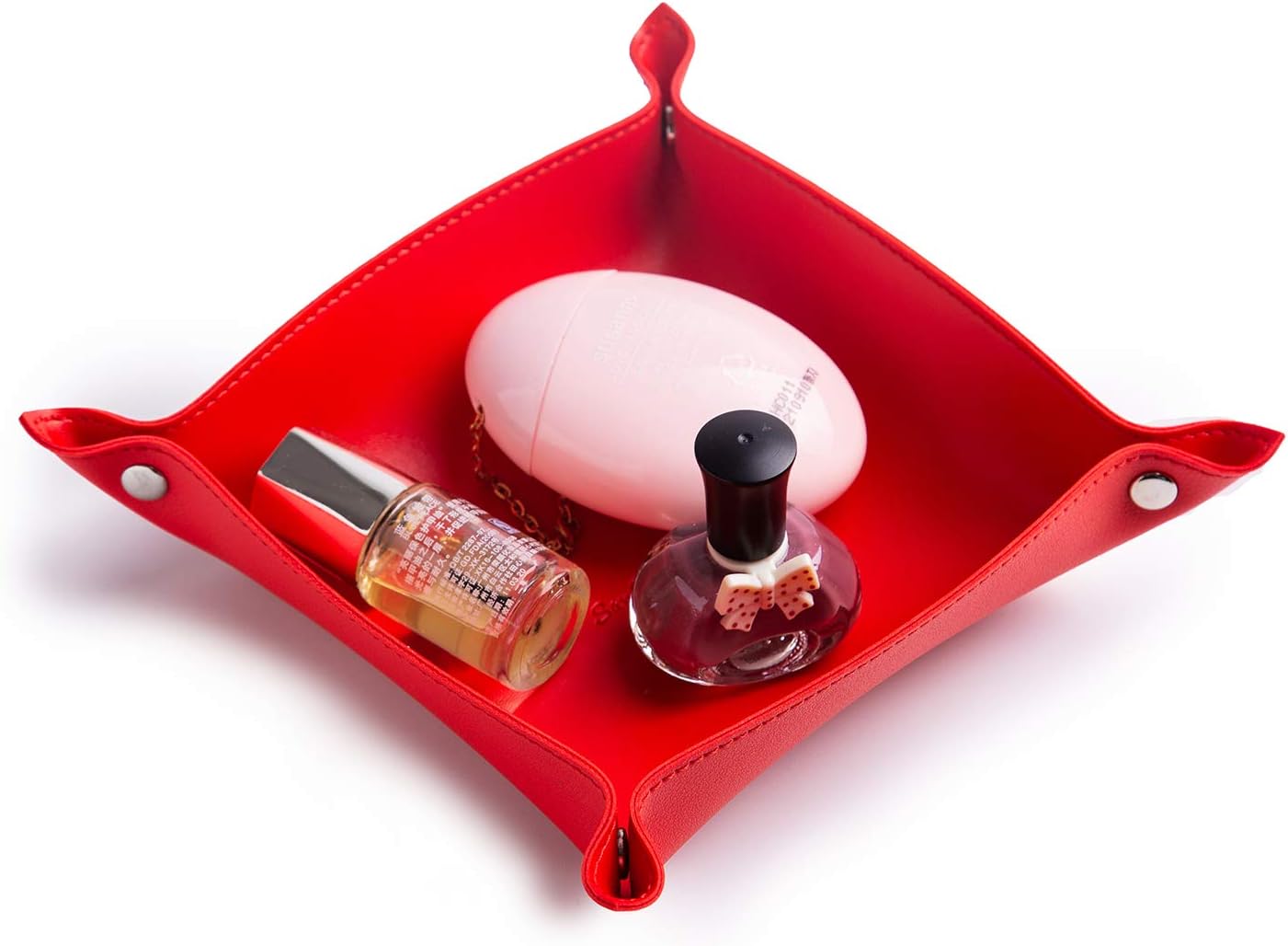 SANQIANWAN Leather Jewelry Valet Tray for Women and Man, Entryway Table Bedside Nightstand Desk Portable Small Catchall Travel Dish Plate for Key,Wallet,Watch,Phone,Coin(Pink-B)