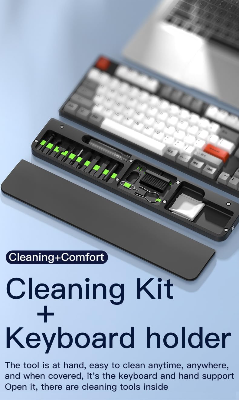 Ergonomic Keyboard Wrist Rest with 22-in-1 Cleaning Kit, Non-Slip Base, Springy Sponge Support for Work and Gaming, Black,Deeply Cleaning for Keyboard,Lens,Charging Port,Earbud,and etc.