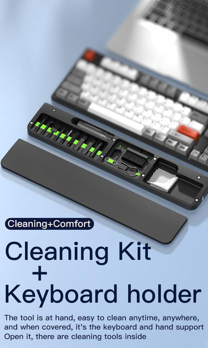 Ergonomic Keyboard Wrist Rest with 22-in-1 Cleaning Kit, Non-Slip Base, Springy Sponge Support for Work and Gaming, Black,Deeply Cleaning for Keyboard,Lens,Charging Port,Earbud,and etc.