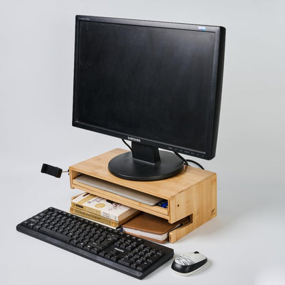 Monitor Stand Desk Top Organizer with Storage Drawer & Phone Holder,Bamboo Monitor Stand with Keyboard Tray, Wide Monitor Riser Non Slip Desk Riser