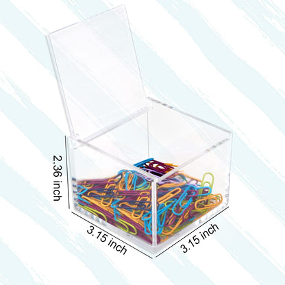 2 Pack Small Clear Acrylic Organizer with Lid for Paper Clips,Sticky Note,Qtip,Cotton Balls,Hair Ties Holder Acrylic Box for Home office Bathroom Desk Organizer