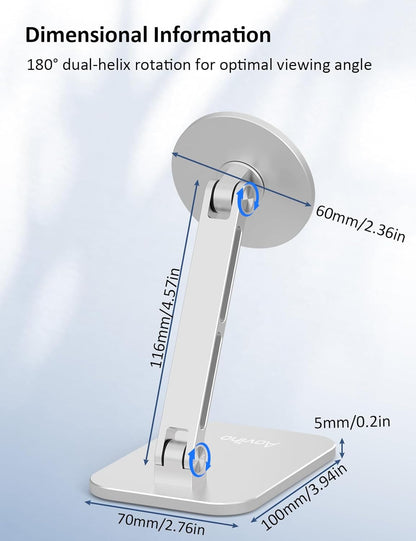 Aoviho Magnetic Phone Stand for MagSafe Adjustable - Aluminum Portable Phone Holder for Desk with 360° Rotating Head Compatible with iPhone 16/15/14/13/12 Pro Max and Magnetic Phone Case, Silver