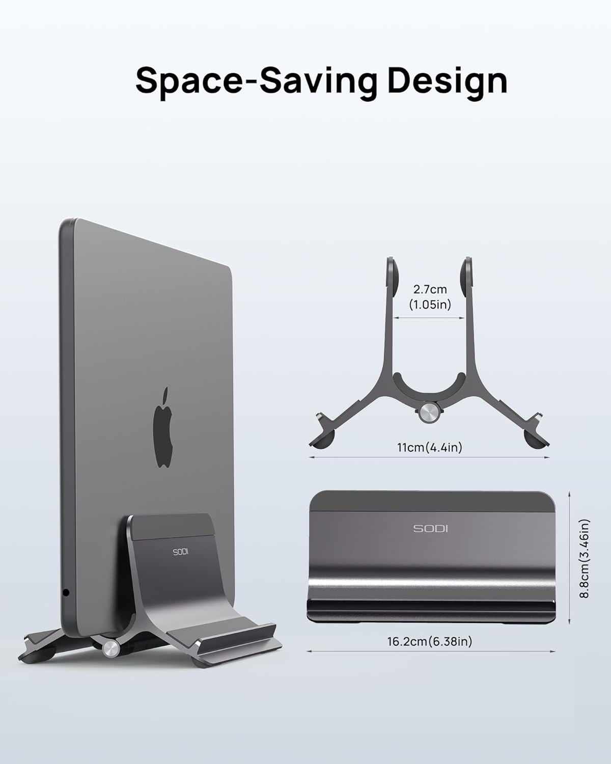 SODI Vertical Laptop Stand for Desk, Gravity Auto Lock MacBook Stand, Aluminum Laptop Holder Vertical Compatible with MacBook Pro, Air, Tablet, Space-Saving Organize Work & Home Office, Gray