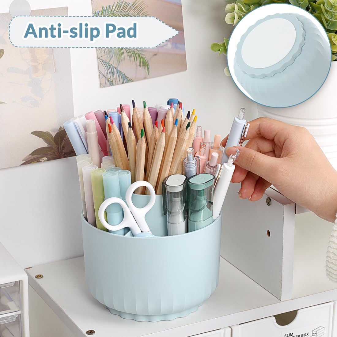 SKYDUE 360 Degree Rotating Pencil Pen Holder for Desk, Dual-Purpose Desk Organizer, Rotating Pencil Cup with 5 Slots, Office Supplies, Desk Decor for Office, School, Home
