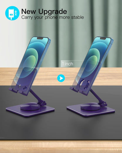 Cell Phone & Tablet Stand for Desk, Aluminum Adjustable Holder for iPhone, iPad & Smartphones || Foldable Mount with 360° Swivel, Stable Base & Portable Design for 4–9.7in Devices, Purple