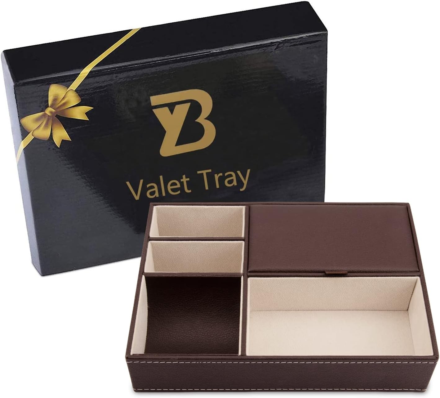 Baoyun Mens Valet Tray Organizer, Mens Jewelry Box, Nightstand Organizer for Men with 5 compartments, Faux Leather Key Tray for Entryway Table, Bedside Storage for Watch, Coin, Phone Gifts for Men