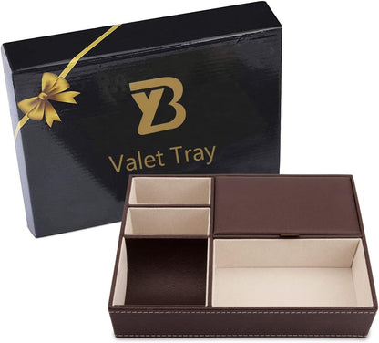 Baoyun Mens Valet Tray Organizer, Mens Jewelry Box, Nightstand Organizer for Men with 5 compartments, Faux Leather Key Tray for Entryway Table, Bedside Storage for Watch, Coin, Phone Gifts for Men