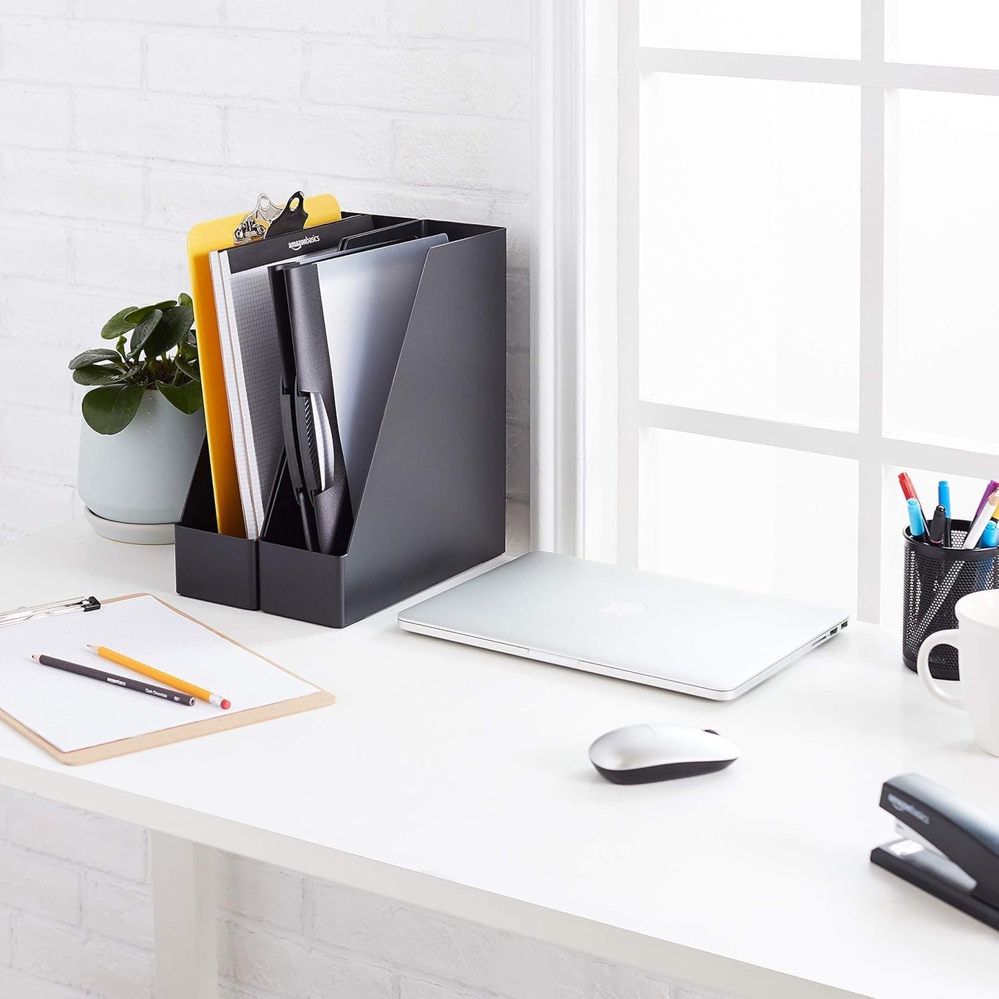 Amazon Basics Plastic Desk Organizer Magazine Rack and File Holder, Black, 2-Pack