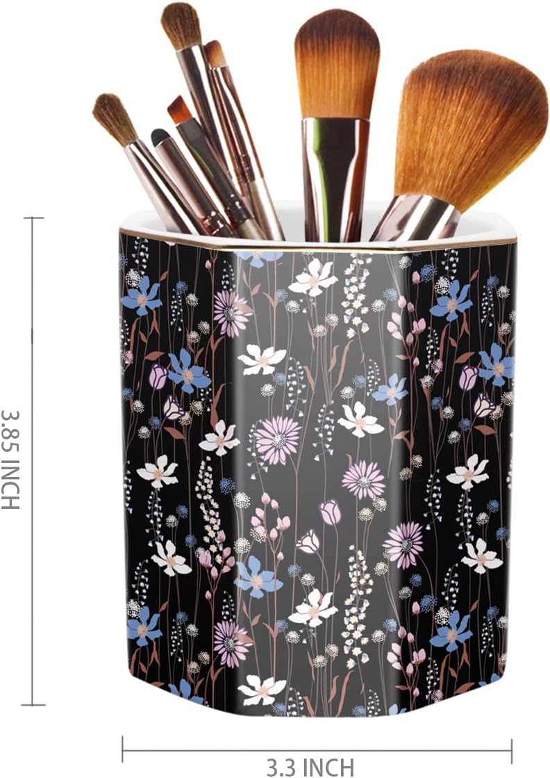 WAVEYU Ceramic Pen Holder for Desk Cute, Pencil Cup Pot Desk Organizer, Makeup Brush Holder for Women, Men, Kids, Desk Marble Decor for Office, Classroom, Home, Gray Golden