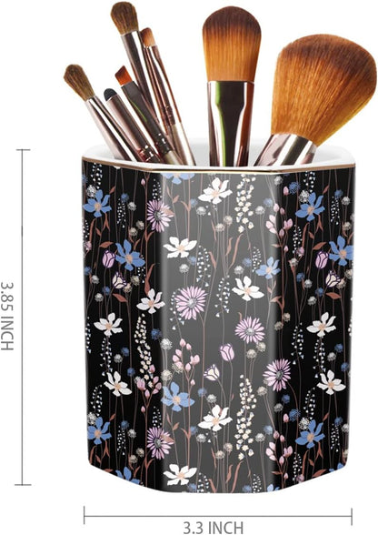 WAVEYU Ceramic Pen Holder for Desk Cute, Pencil Cup Pot Desk Organizer, Makeup Brush Holder for Women, Men, Kids, Desk Marble Decor for Office, Classroom, Home, Gray Golden