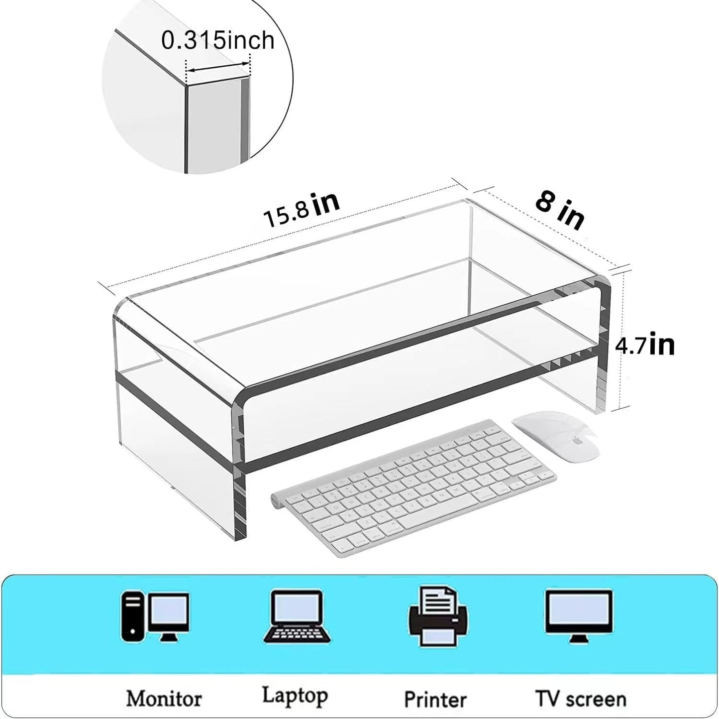 Acrylic Monitor Stand, 2 Tier Riser with Storage Shelf, Clear, 16/20 Inch, Home Office Desk Organizer (16in)