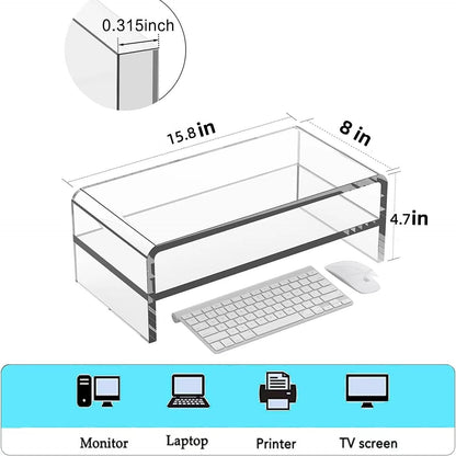 Acrylic Monitor Stand, 2 Tier Riser with Storage Shelf, Clear, 16/20 Inch, Home Office Desk Organizer (16in)