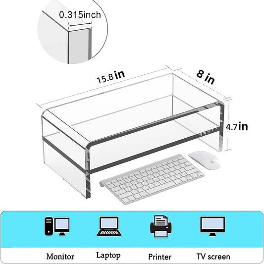 Acrylic Monitor Stand, 2 Tier Riser with Storage Shelf, Clear, 16/20 Inch, Home Office Desk Organizer (16in)